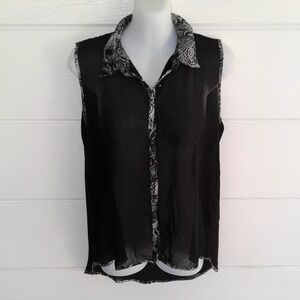 Mine Women's Black Snake Print Detail Sheer Top Lightweight Buttons Medium